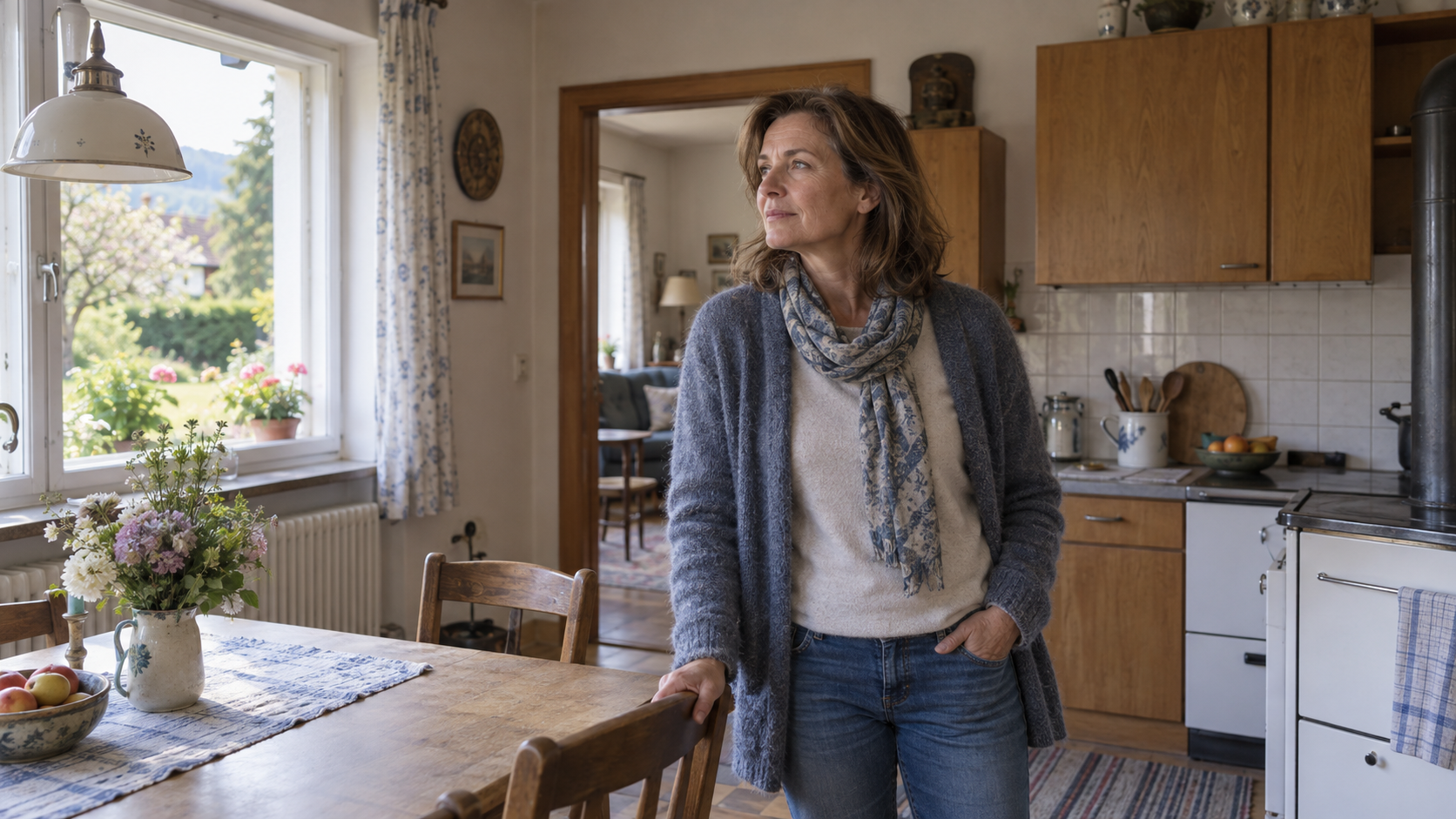 Frau sieht sich die Küche eines geerbten älteren Hauses an
